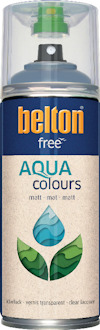 Sprayburk med klarlack, matt yta. Etikett med texten "AQUA colours" och en stiliserad vattendroppe.