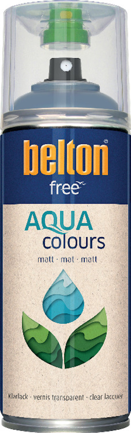 Sprayburk med klarlack, matt yta. Etikett med texten "AQUA colours" och en stiliserad vattendroppe.