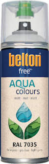 Sprayburk med etikett som visar "belton free AQUA colours" och "RAL 7035".