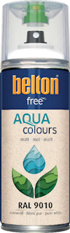 Sprayburk med etiketten "Belton free Aqua colours" och texten "matt, RAL 9010, reinweiß, blanc pur, pure white".