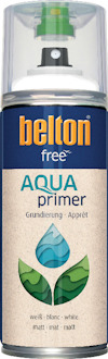 Sprayburk med märkningen "belton free AQUA primer" och bilder av vattenmotiv på etiketten.