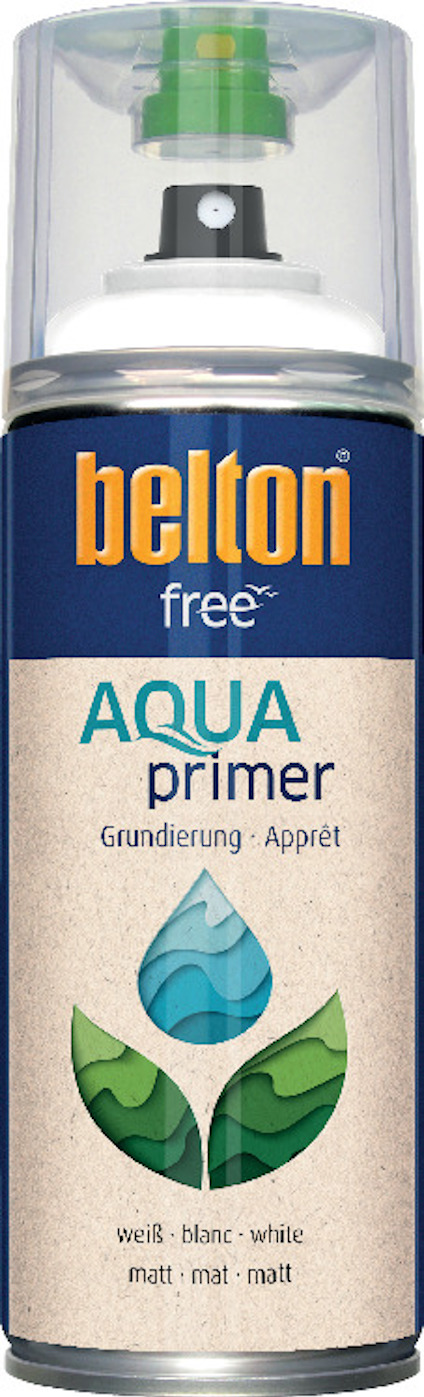 Sprayburk med märkningen "belton free AQUA primer" och bilder av vattenmotiv på etiketten.
