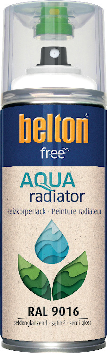 Sprayburk med texten "belton free AQUA radiator RAL 9016" och en bild av en grön-blå droppsymbol.