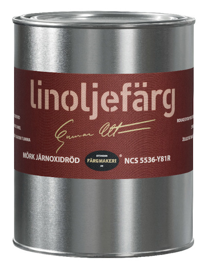 Burk med etikett för linoljefärg i mörk järnoxidröd nyans, text "NCS 5536-Y81R".