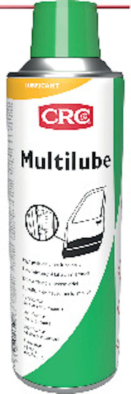Sprayburk med texten 'Multilube' och illustration av ett dörrlås, grön och vit etikett, grön sprayknapp.