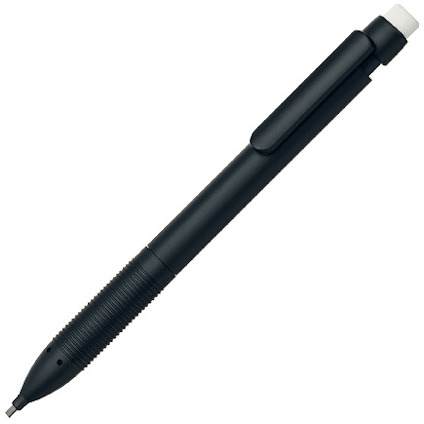 Svart stiftpenna med greppvänligt mönster, clips och vit suddtopp.