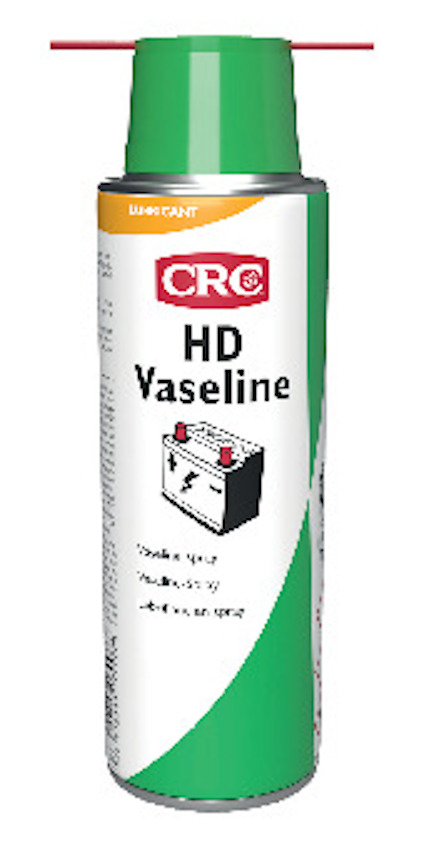 Sprayburk med etikett "HD Vaseline" och illustration av ett batteri. Grön och vit design, rött spraymunstycke.