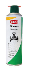 Sprayburk med märket CRC och texten "Silicone Grease". Vit och grön etikett med svart illustration av ventil.