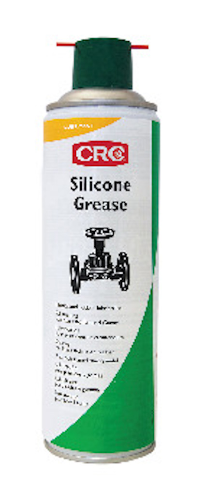 Sprayburk med märket CRC och texten "Silicone Grease". Vit och grön etikett med svart illustration av ventil.