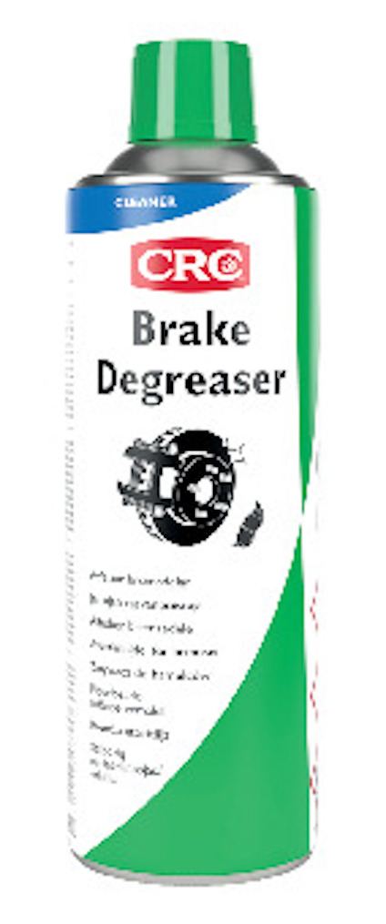 Sprayburk med grön och vit etikett, märkt "CRC Brake Degreaser" med bild av bromsdelar och instruktioner på flera språk.