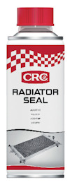 Flaska med röd kork märkt "CRC Radiator Seal". Etiketten har ett rödvitrutigt mönster och en bild av en bilradiator.