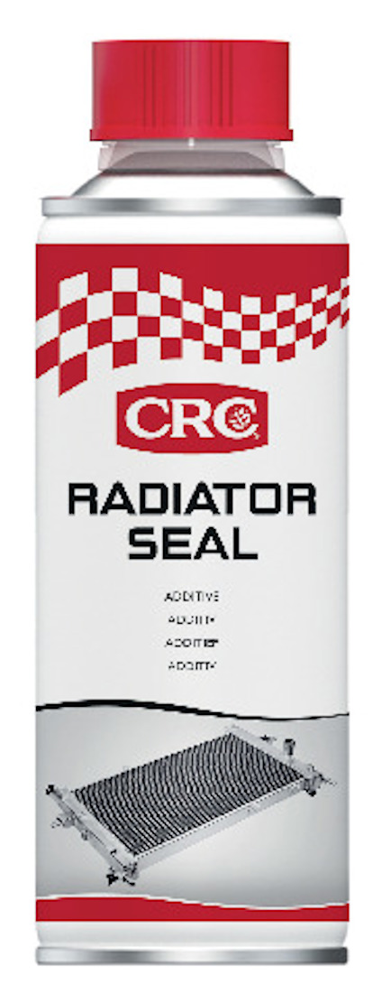 Flaska med röd kork märkt "CRC Radiator Seal". Etiketten har ett rödvitrutigt mönster och en bild av en bilradiator.