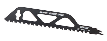 Tigersågblad med tandad kant, svart färg och texten "Starrett CARBIDE TIPPED CRM1220".