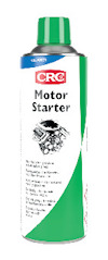 Aerosolburk med grön och vit etikett märkt "CRC Motor Starter", samt illustration av en motor.