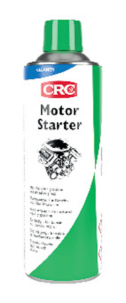 Aerosolburk med grön och vit etikett märkt "CRC Motor Starter", samt illustration av en motor.