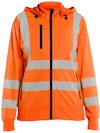 Orange sweatshirt med huva och reflexband i grått mönster, framfickor med dragkedja.