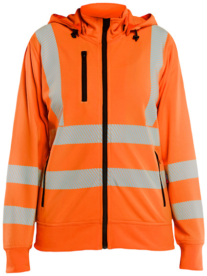 Orange sweatshirt med huva och reflexband i grått mönster, framfickor med dragkedja.