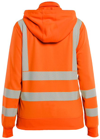 Orange huva jacka med reflekterande silverband längs ryggen och ärmarna.