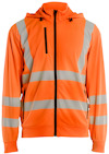 Orange hoodie med dragkedja och reflekterande ränder på ärmar, axlar och bröst. Två sidofickor och en bröstficka.