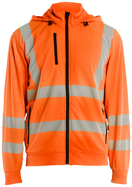 Orange hoodie med dragkedja och reflekterande ränder på ärmar, axlar och bröst. Två sidofickor och en bröstficka.