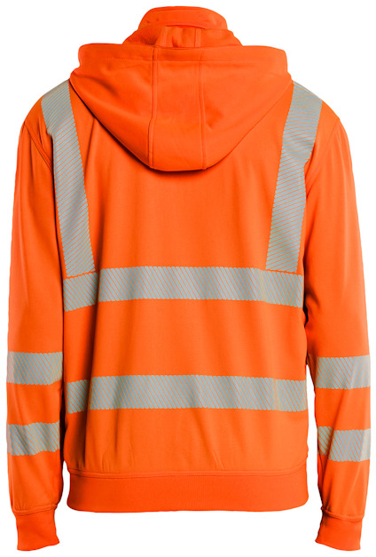 Orange jacka med reflexband över ärmar, axlar och rygg.