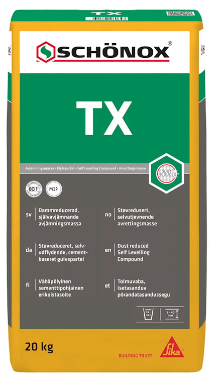 Förpackning med Schönox TX självutjämnande avjämningsmassa, 20 kg, med text på flera språk.