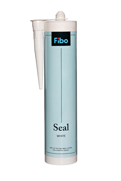 En ljusblå tub märkt "Fibo Seal White" med vit applikator.