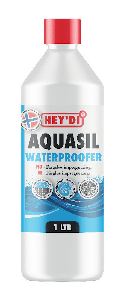Vit flaska med röd kork märkt "Hey'di Aquasil Waterproofer", text på norska och svenska, kapacitet: 1 liter.