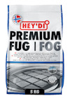 Förpackning med texten "HEY'DI PREMIUM FUG I FOG" och "5 KG".