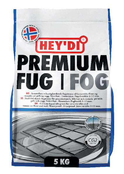 Förpackning med texten "HEY'DI PREMIUM FUG I FOG" och "5 KG".