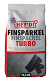 Förpackning med texten "Hey'di" och "Finspackel Turbo" i svart och rött. Viktangivelse 12,5 kg.