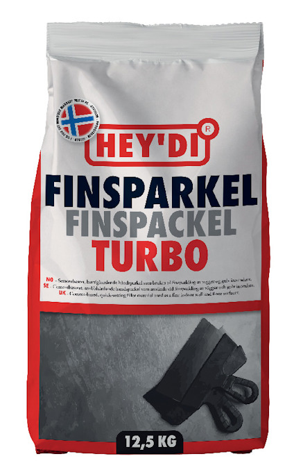 Förpackning med texten "Hey'di" och "Finspackel Turbo" i svart och rött. Viktangivelse 12,5 kg.