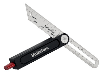 Smygvinkel med svart handtag och silverfärgad graderad mätlinjal märkt med "Hultafors".