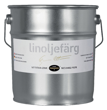 En silverfärgad plåtburk med texten "linoljefärg" och "VIT TITAN-ZINK" i svart.