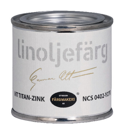 Burk med texten "linoljefärg", "VIT TITAN-ZINK" och "NCS 0402-Y07R".