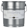 Metallburk med handtag, etikett med texten "linoljefärg", "vit grund", och flera språkversioner.