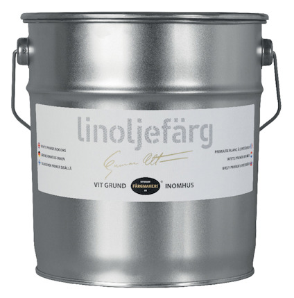 Metallburk med handtag, etikett med texten "linoljefärg", "vit grund", och flera språkversioner.