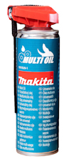 Sprayburk med blå etikett och röd spraymekanism. Texten "Multioil Makita" syns samt information på flera språk.