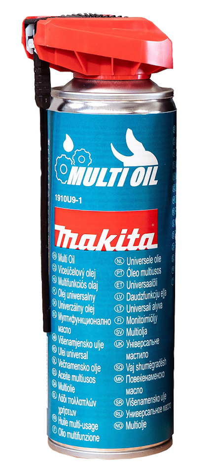 Sprayburk med blå etikett och röd spraymekanism. Texten "Multioil Makita" syns samt information på flera språk.