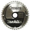Rund sågklinga med silver- och svart färg, märkt "SPECIALIZED" och "Makita", med piktogram på högra sidan.