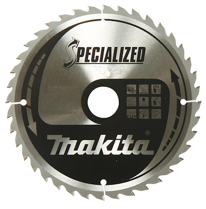 Rund sågklinga med silver- och svart färg, märkt "SPECIALIZED" och "Makita", med piktogram på högra sidan.