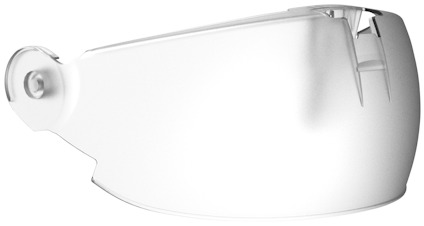 Genomskinligt visir med rundad design och fästpunkt i sidan.