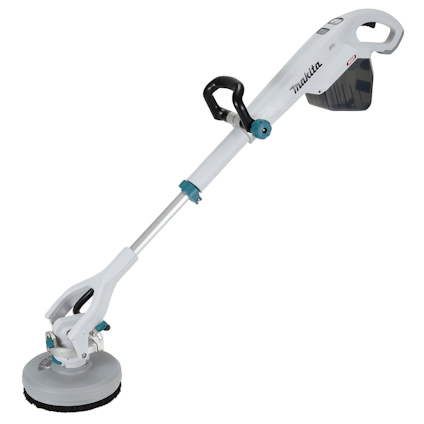 Vit skurmaskin med svart handtag och grått skurhuvud. Märkt "Makita" på sidan.