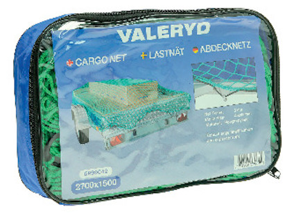 Förvaringsväska med text "VALERYD" och en bild av ett lastnät som täcker en släpvagnslast.