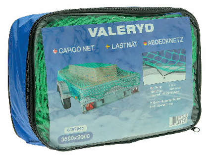 Förpackning med lastnät och etikett "VALERYD" med illustrerad bilsläp och grön lastnät.