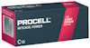 Förpackning av Procell Intense Power C-batterier för högdränerande enheter, med röd och svart design.