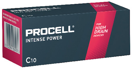 Förpackning av Procell Intense Power C-batterier för högdränerande enheter, med röd och svart design.