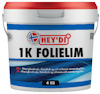 Vit hink med rött lock, märkningen "HEY'DI 1K FOLIELIM" och text på norska och svenska längst ner.