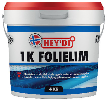 Vit hink med rött lock, märkningen "HEY'DI 1K FOLIELIM" och text på norska och svenska längst ner.