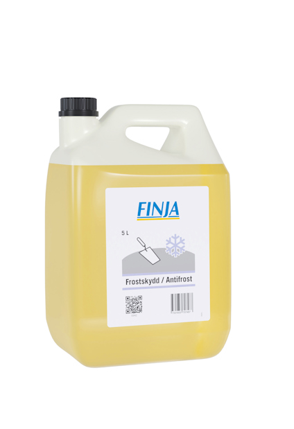 Kanna med gul vätska, etikett "FINJA Frostskydd/Antifrost" och en isflinga-ikon.